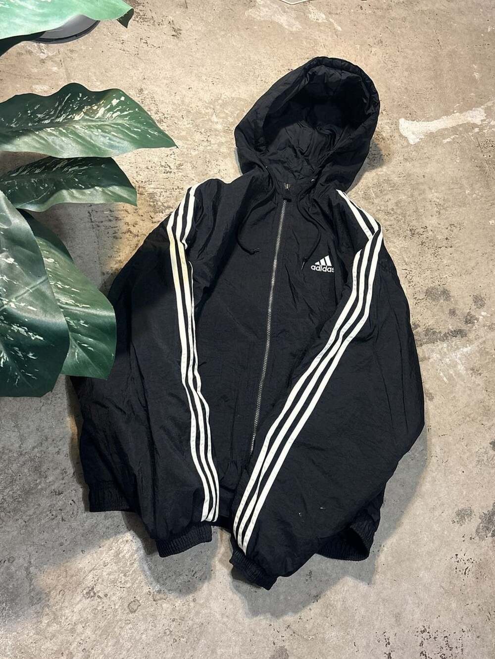 Vintage 90s Adidas Black and White 3-Stripe Windbreaker Hooded Jacket XL
